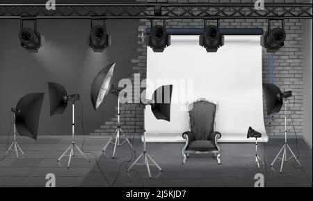 Vector photo studio interior with empty armchair, gray brick wall, white projector screen, spotlights and softboxes on tripods. Mockup with modern lig Stock Vector