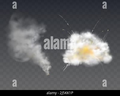 Explosion smoke blast realistic vector illustration with bomb burst, burning fire smog and firecracker shoot particles explode in 3D effect on transpa Stock Vector
