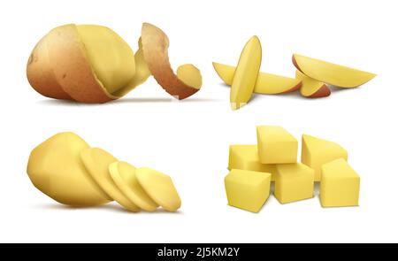 Vector realistic clipart with raw peeled potato, whole vegetable with brown spiral peel and slices isolated on white background. Natural organic food, Stock Vector