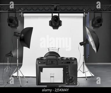 Vector photo studio with white roll-up screen, digital camera, spotlights and softboxes on tripod stands. Concept background, interior with modern lig Stock Vector