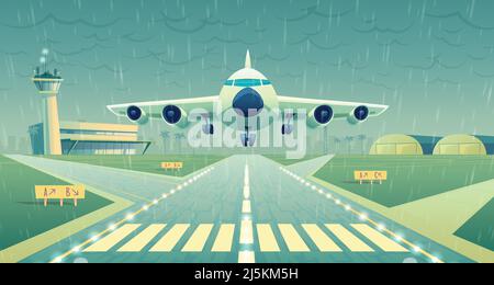 Vector cartoon illustration, white airliner, jet over runway. Takeoff or landing of commercial airplane in difficult weather conditions on background Stock Vector