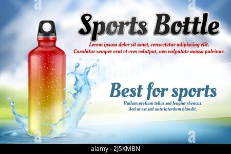 Vector promotion banner with plastic sports bottle in blue water splash, isolated on light background. Mockup with colorful container for energy cockt Stock Vector