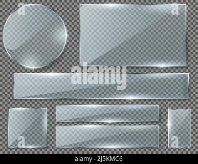 Vector realistic set of transparent glass plates, blank shining frames isolated on background. Collection of clear banners in different shapes with gl Stock Vector