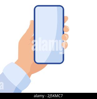 A man holds a smartphone in his hands and uses a empty screen. Stock Vector