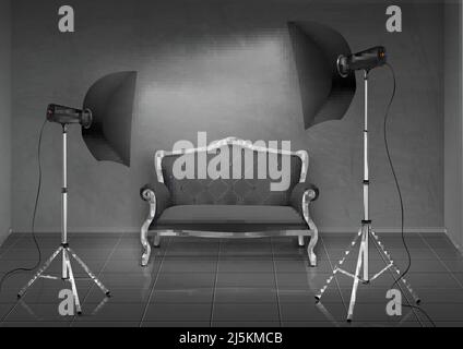 Vector realistic background, room with gray wall and floor, photo studio with empty sofa, couch, lamps and softboxes on tripod stands.Mockup with mode Stock Vector