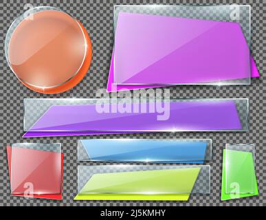 Vector realistic set of color banners under transparent glass plates, blank shining isolated frames. Collection of empty colorful planks in different Stock Vector