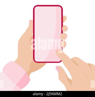 A man holds a smartphone in his hands and uses a empty screen. Stock Vector