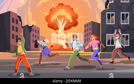 Afraid people running away. City destroyed war, streets explosions, scared residents fleeing in panic, broken buildings, scared couple, scream Stock Vector