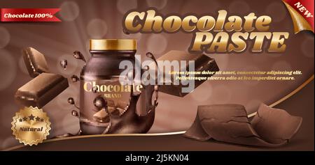 Vector promotion banner of chocolate paste or nut butter in plastic jar, isolated on brown background. Advertising banner with container of choco spre Stock Vector