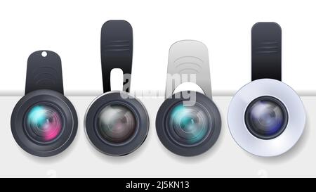 Vector realistic set of clip-on lenses for mobile devices, smartphones and tablets isolated on white background. Modern portable gadget, mini objectiv Stock Vector