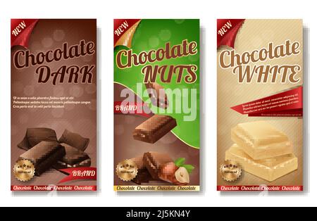 Vector realistic collection of chocolate packaging. Labels of tasty product with nuts, white milk sweetness. Design of boxes, brand illustration for a Stock Vector