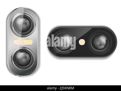 Vector 3d realistic dual camera for smartphone with two lenses and flash, isolated on background. Modern optical device, module for cell phone with va Stock Vector