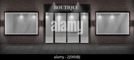 Vector concept background, boutique shop facade with signboard. Storefront with brick wall, entrance with large glass door and empty illuminated showc Stock Vector