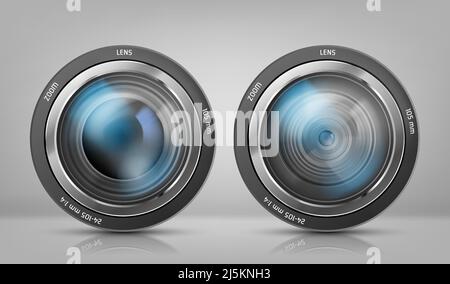 Vector realistic clipart with two camera lenses, photo objectives with zoom isolated on white background. Optical system for photographic devices, mod Stock Vector