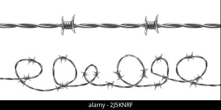 Barbed wire vector illustration, horizontal seamless pattern with twisted barbwire isolated on background. Metal protective barrier with sharp barbs f Stock Vector