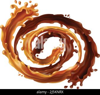 Vector 3d realistic swirl of hot chocolate and stream of caramel. Brown liquid food with splashes isolated on white background. Creamy pouring element Stock Vector