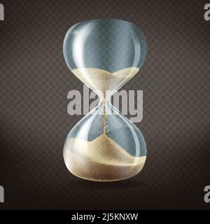 Vector 3d realistic hourglass with running sand inside, isolated on dark transparent background. Concept time passing or countdown concept. Stock Vector