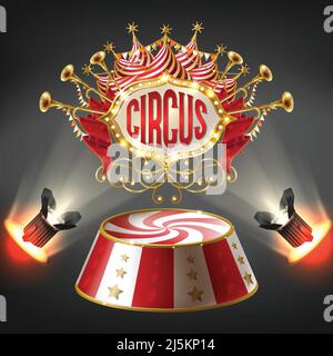 Vector 3d realistic circus stage in bright rays of spotlights. Label with bulbs frame, sign with horns, brass tubas with red fabric. Classical decorat Stock Vector