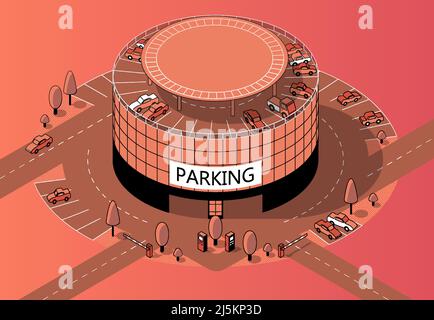 Vector 3d isometric round multi-storey parking with territory. Cars on covered building, urban garage in orange colors, made in black thin lines. Vehi Stock Vector