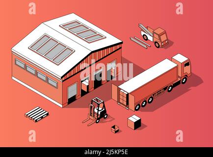 Vector 3d isometric warehouse with truck and forklift. Thin line style, transport logistics with storage building. Orange background with goods and re Stock Vector