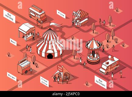 Vector 3d isometric food festival, courts and trucks. Circus in middle of square with shops. Mobile markets with canopy made in black thin lines. Urba Stock Vector