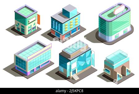 Vector set of isometric modern buildings in cartoon style. Collection of urban skyscrapers with glass elements. Town exterior, residential constructio Stock Vector