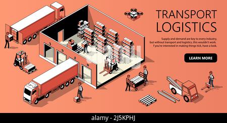 Vector 3d isometric site template with warehouse, truck and people. Landing page in thin line style, internet portal with button for transport logisti Stock Vector