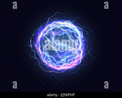 Powerful electrical discharge, lightning strike impact place realistic vector on transparent background. Ball lightning, magical effect design element Stock Vector