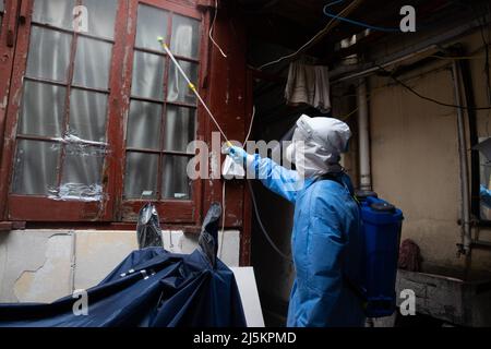 Shanghai, China. 23rd Apr, 2022. A volunteer conducts disinfection at a community in Huangpu District, Shanghai, east China, April 23, 2022. Shanghai started a series of campaigns from Friday in an effort to cut off all COVID-19 transmission chains in communities, according to the municipal government. Credit: Jin Liwang/Xinhua/Alamy Live News Stock Photo
