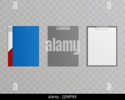 Vector realistic set of clipboards with metal clamp for holding papers, documents. Grey plastic folders isolated on transparent background. Empty rect Stock Vector