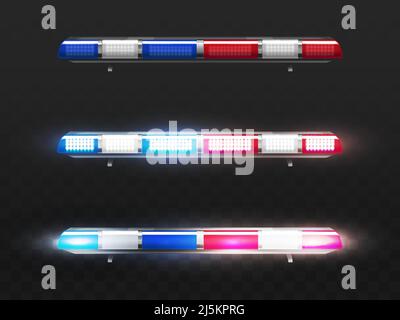 Vector 3d realistic red and blue led flasher for police car. Signal of municipal service with bulbs. Different sirens with light and alert lamp. Trans Stock Vector