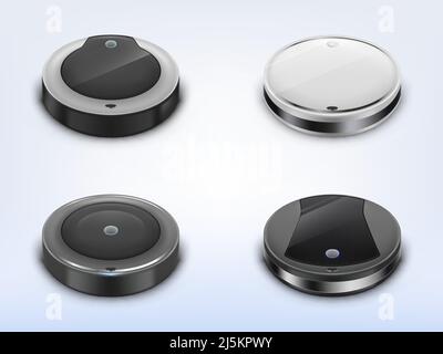 Vector realistic set with robotic vacuum cleaners, smart round robots using for housework, isolated on background. Modern household appliance, electro Stock Vector
