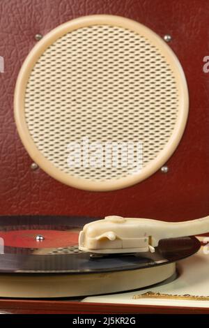 Retro portable record player close up Stock Photo