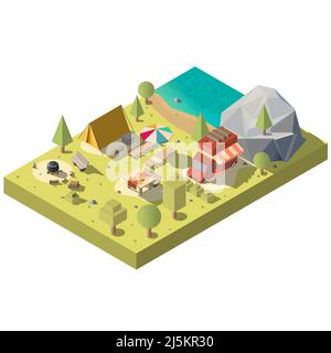 Vector 3d isometric territory for camping near the beach. Camp with tent, van and chaise-longue - picnic on nature, vacation concept. Forest landscape Stock Vector