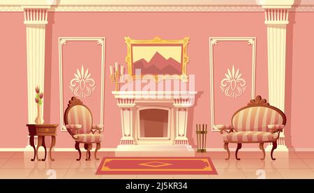 Vector cartoon illustration of luxury living room with fireplace, ballroom or hallway with pilasters in royal palace. Rich interior with furniture in Stock Vector