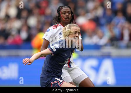 Lyon, France, 24th April 2022. Melvin Malard of Lyon tussles with Amanda Ilestedt of PSG during the UEFA Womens Champions League match at OL Stadium, Lyon. Picture credit should read: Jonathan Moscrop / Sportimage Stock Photo
