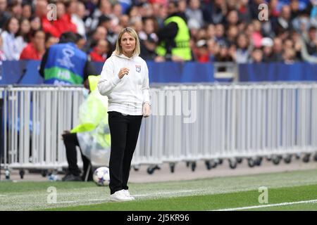 Lyon, France, 24th April 2022. Sonia Bompastor Head coach of Lyon reacts during the UEFA Womens Champions League match at OL Stadium, Lyon. Picture credit should read: Jonathan Moscrop / Sportimage Stock Photo