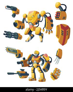 Vector cartoon androids, human soldiers in robotic combat exoskeletons with guns isolated on background. Battle robots with various weapons, cyborg hu Stock Vector
