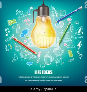 Creative ideas vector concept illustration. Poster with yellow light bulb, coloured pencils, hand drawn doodle icons on blue background. Shining lamp, Stock Vector