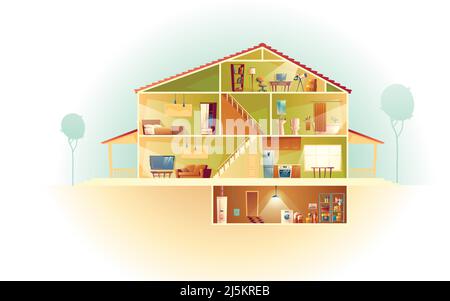 Vector house interior in cross section with basement and garret, cartoon multistorey private building. Attic, furniture in living room, TV. Laundry an Stock Vector