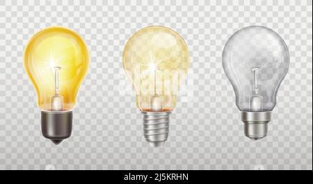 Vector realistic set with incandescent lamps, glowing yellow light bulbs, isolated on transparent background. Electric lightbulb, symbol of creative i Stock Vector
