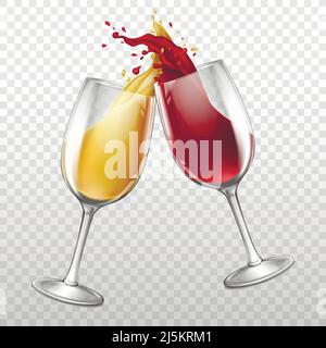 Vector 3d realistic wineglasses with drops and splashes. Red and white wine in transparent glasses isolated on background. Cups with beverage, alcohol Stock Vector