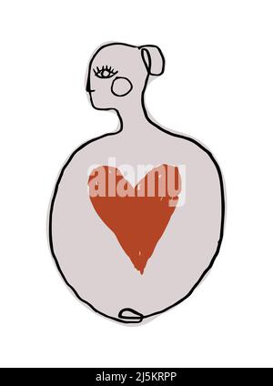 Minimalistic woman icon with a red heart, the concept of self-love, health care, good self-esteem, work with a psychologist. Vector line illustration Stock Vector
