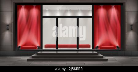 Vector concept background, boutique shop facade with signboard. Storefront with brick wall, entrance with large glass door and empty illuminated red s Stock Vector