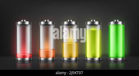 Vector set of battery charge indicators with low and high energy levels isolated on background. Full charged and discharged accumulators with colorful Stock Vector