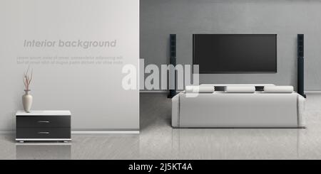 Vector realistic mockup of living room with modern home theater system. Interior background with furniture, lounge with white sofa, large plasma displ Stock Vector