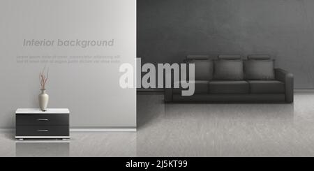 Vector realistic mockup of empty living room with black sofa, nightstand with vase, gray textured wall. Modern lounge with couch, minimalist interior Stock Vector