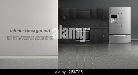 Vector realistic mockup of kitchen room interior with household appliances, refrigerator, build-in stove, black cabinets on gray wall and tiled floor. Stock Vector