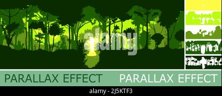 Deciduous forest silhouette with parallax effect. Summer landscape Jungle. Panoramic view. Green scenic. Foliage illustration. Vector. Stock Vector