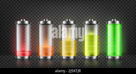 Vector set of battery charge indicators with low and high energy levels isolated on background. Full charged and discharged accumulators with colorful Stock Vector